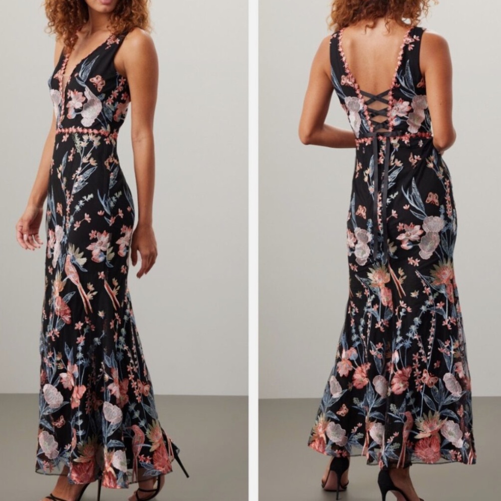 Marchesa Black Maxi Dress with Pink and Blue Floral Embroidery